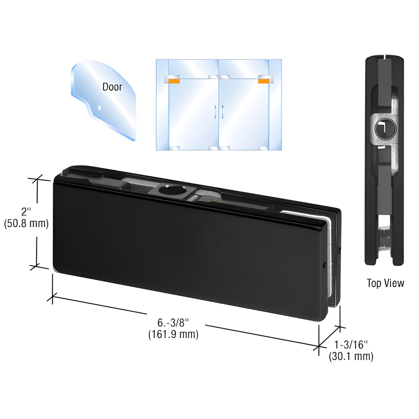 Matte black top gate patch fitting PH20AMBL for 3/8-1/2" glass, 6-3/8" x 2" corner patch with template