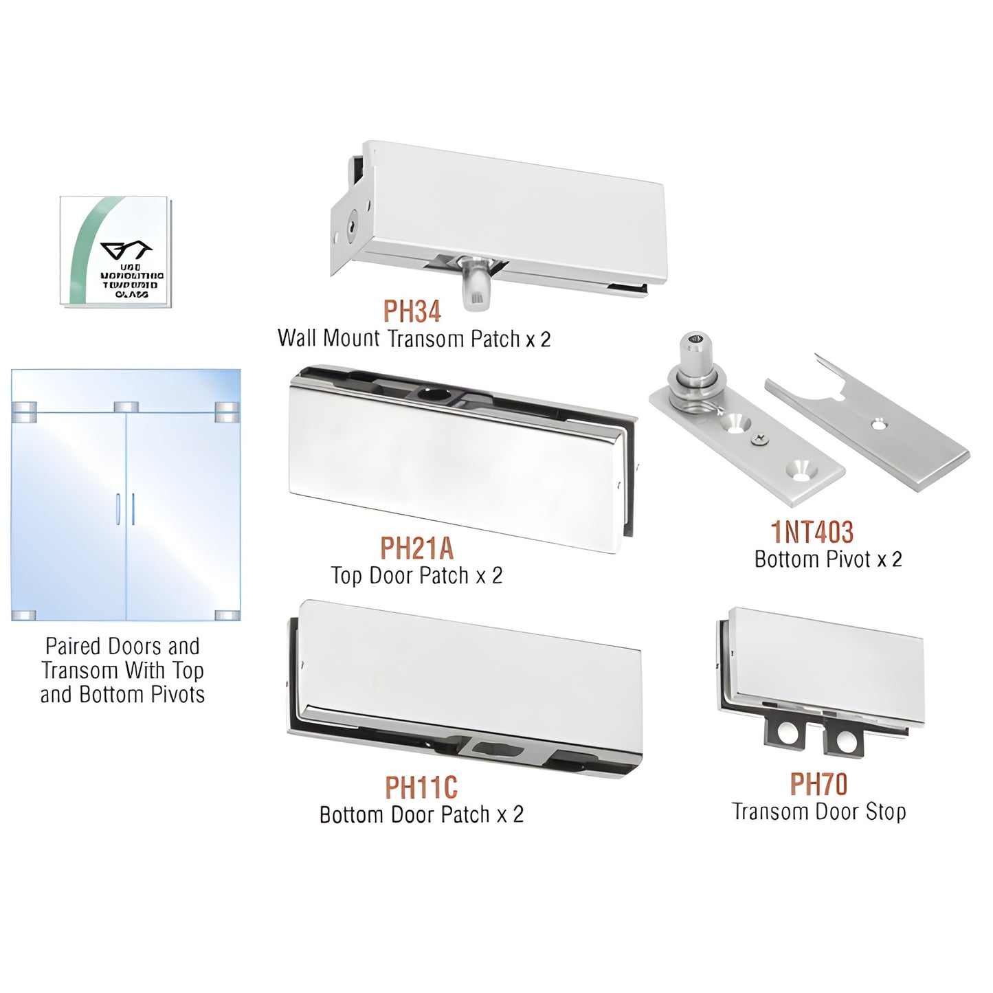 PHE6A European double-door frameless glass patch kit, satin anodized, fits 3/8-1/2 glass; includes pivots and patches