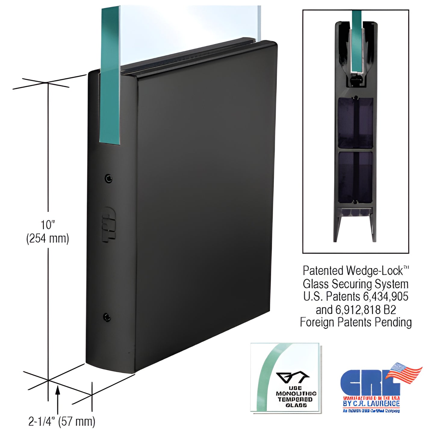 CRL Wedge-Lock black aluminum door rail (10 in high) for 3/4 in glass, square profile - SKU DR10SBL34C