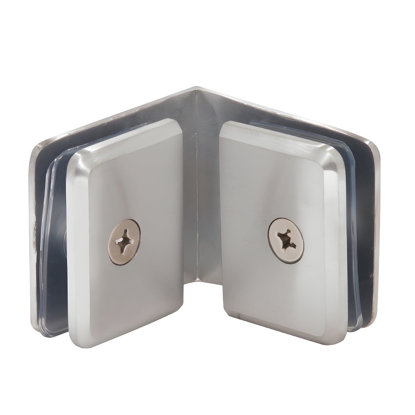 BGC90BCH brushed chrome 90 beveled glass-to-glass clamp, solid brass, for 3/8-1/2 in (10-12 mm) tempered glass