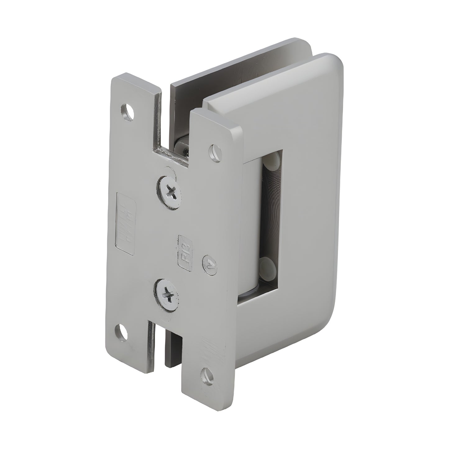 Pinnacle satin-nickel shower door hinge SKU P1N037SN - solid brass, wall-mount "H" back plate for 8-12mm tempered glass.