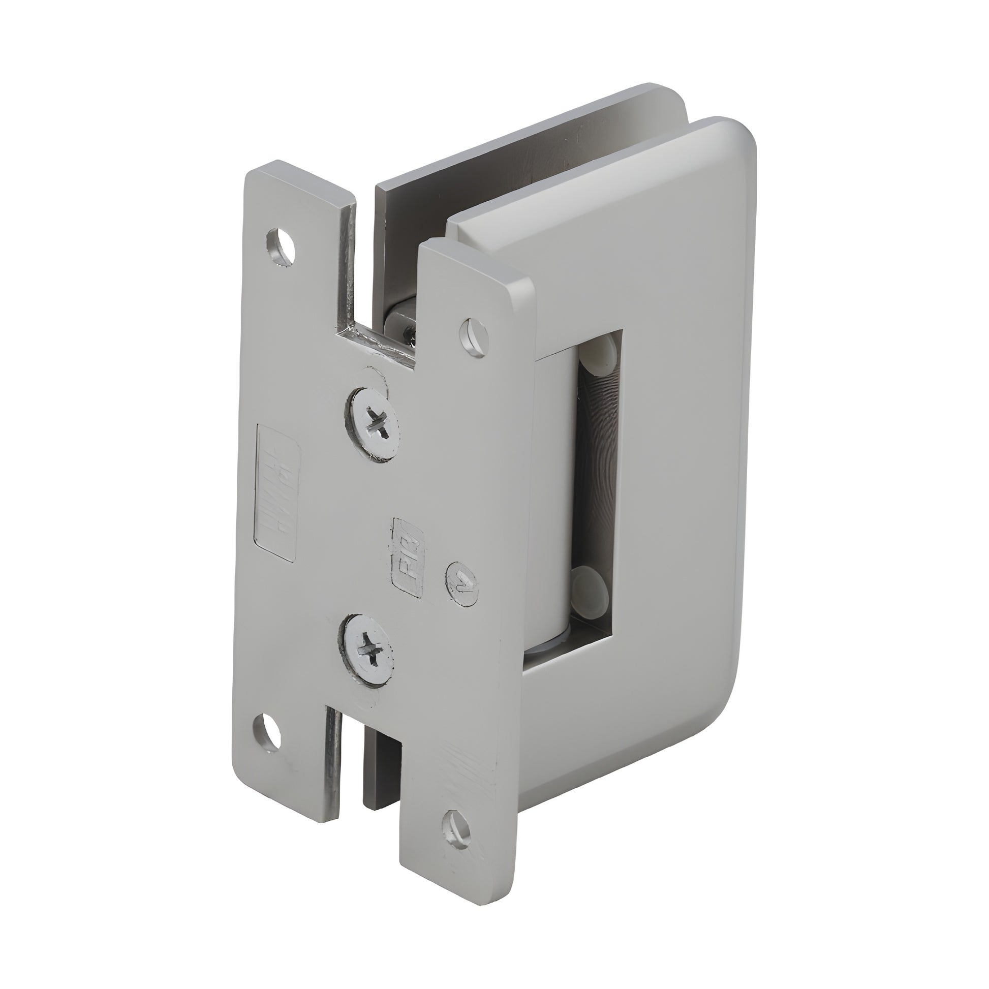 Pinnacle satin-nickel shower door hinge SKU P1N037SN - solid brass, wall-mount "H" back plate for 8-12mm tempered glass.