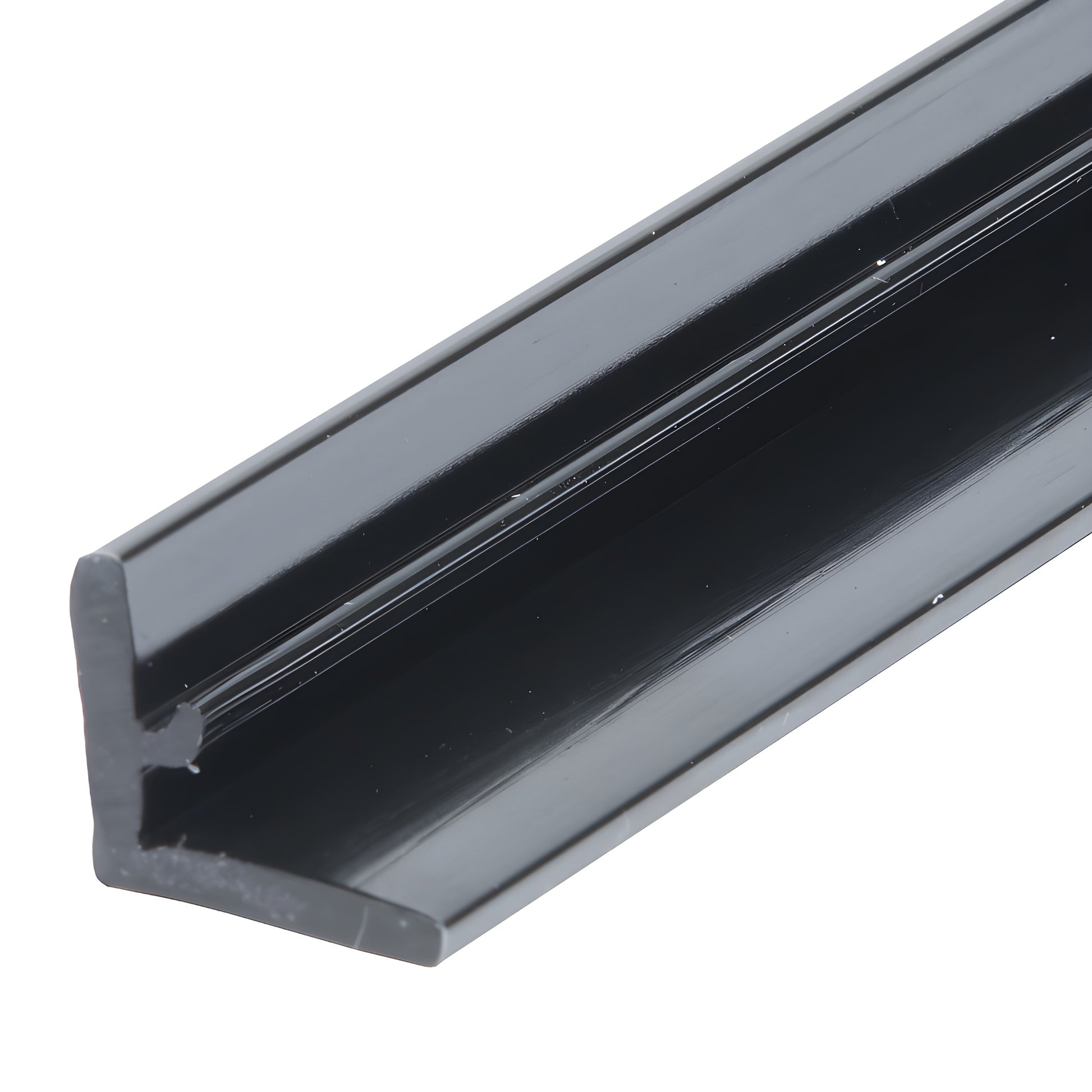 DK98LBL black vinyl L-seal for frameless sliding shower doors, polycarbonate strip with peel-and-stick tape, 95-inch length.