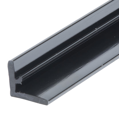 DK98LBL black vinyl L-seal for frameless sliding shower doors, polycarbonate strip with peel-and-stick tape, 95-inch length.