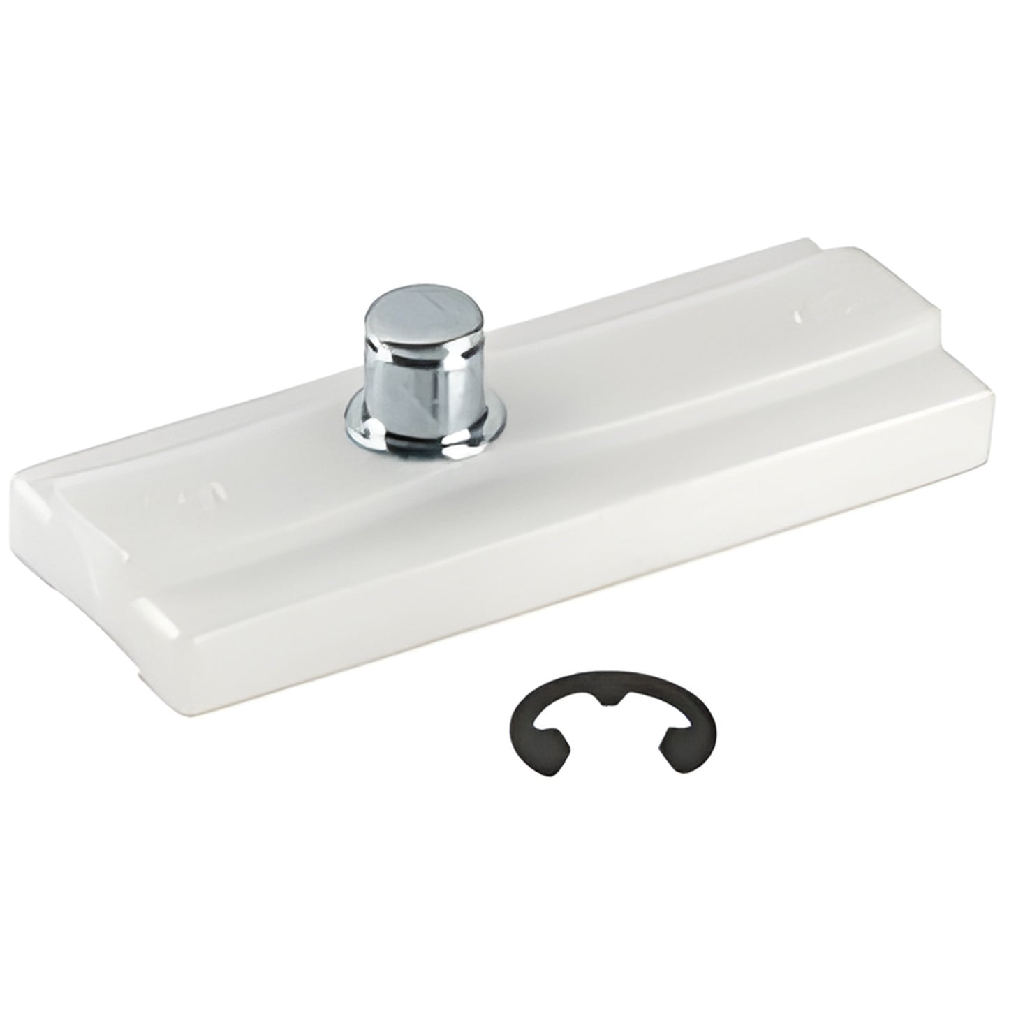 White vinyl CRL VO slide block replacement with chrome pin and included E-clip - fits 9/16" (14mm) slide track. SKU V0SB
