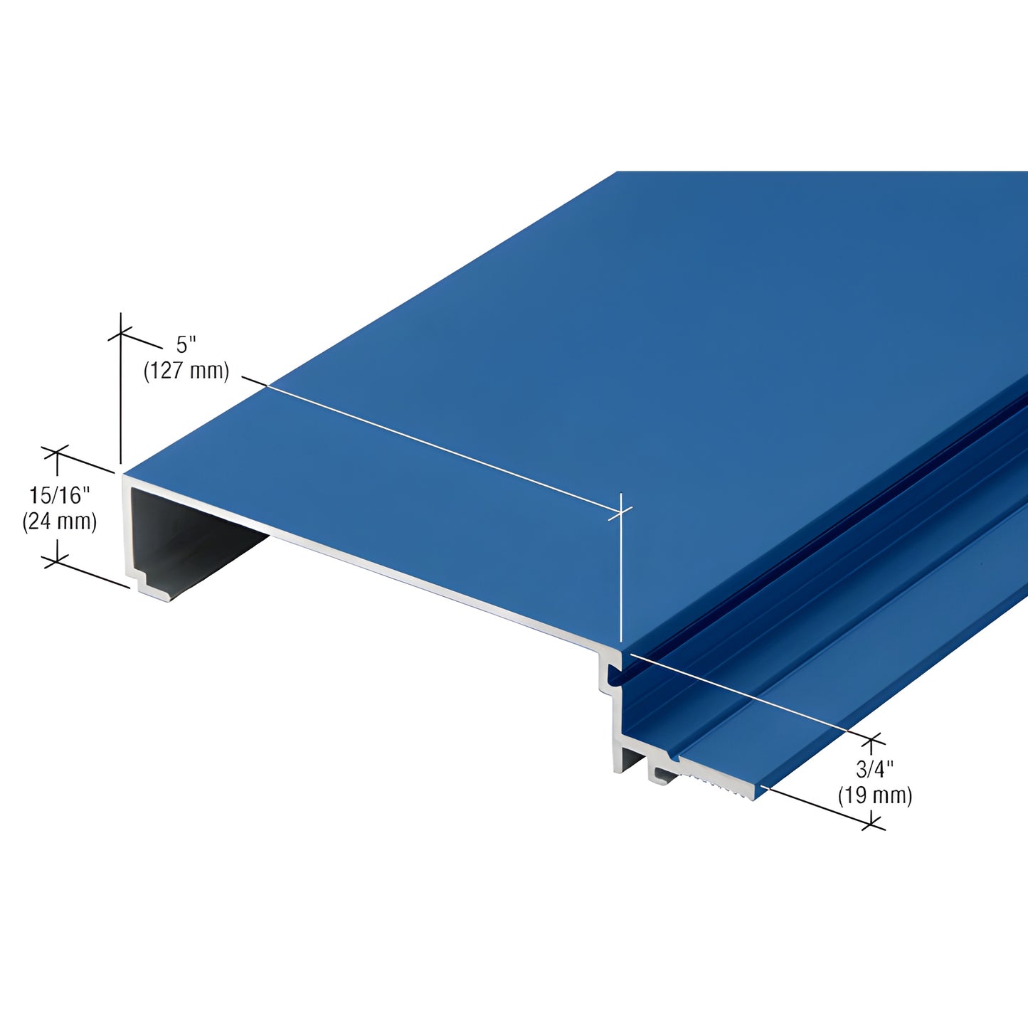 Blue aluminum curtain wall extrusion (SKU CW25971), 5" wide 15/16" high with 3/4" flange, custom finish.