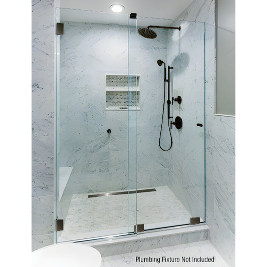 ESS30RB frameless sliding shower door kit with oil rubbed bronze hardware, bottom rolling clear glass panels in a marble tile