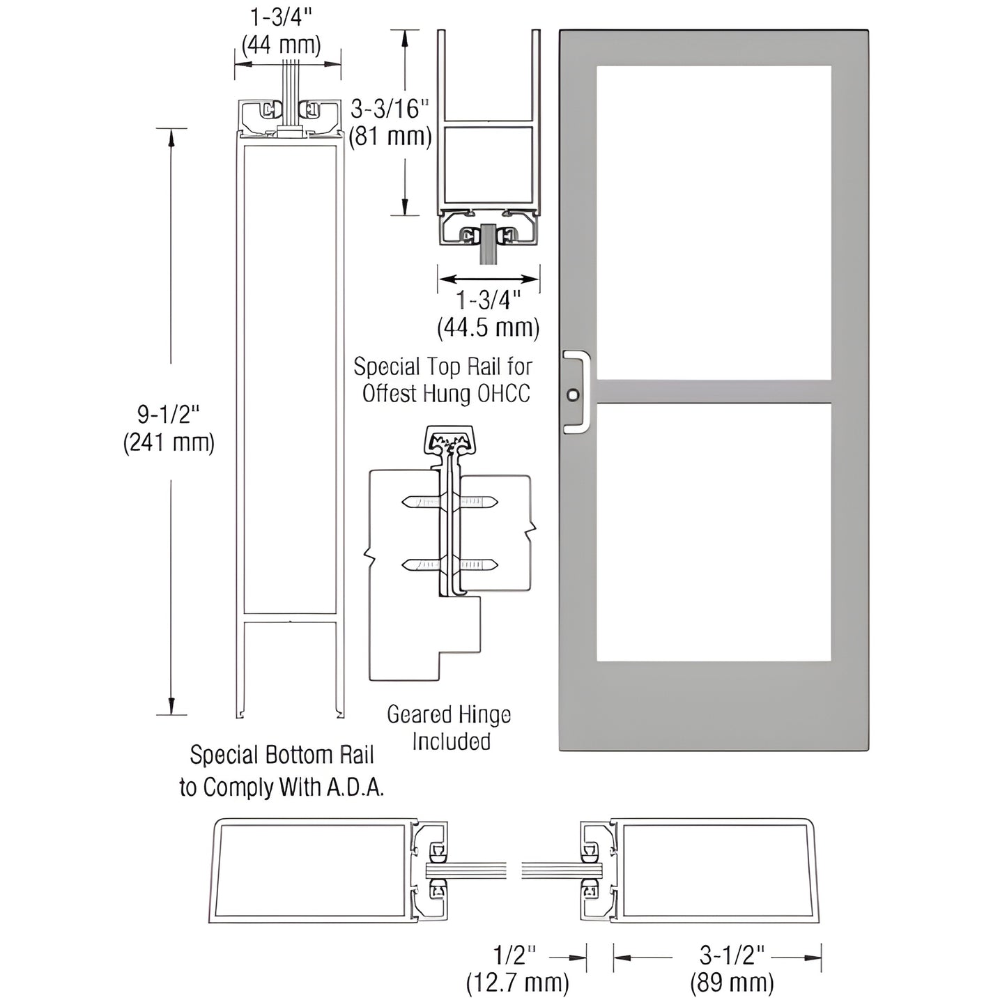 CZ41911L036105 clear anodized medium-stile commercial entrance door, 3.5 in stiles, ADA 9.5 in bottom rail, panic hardware in