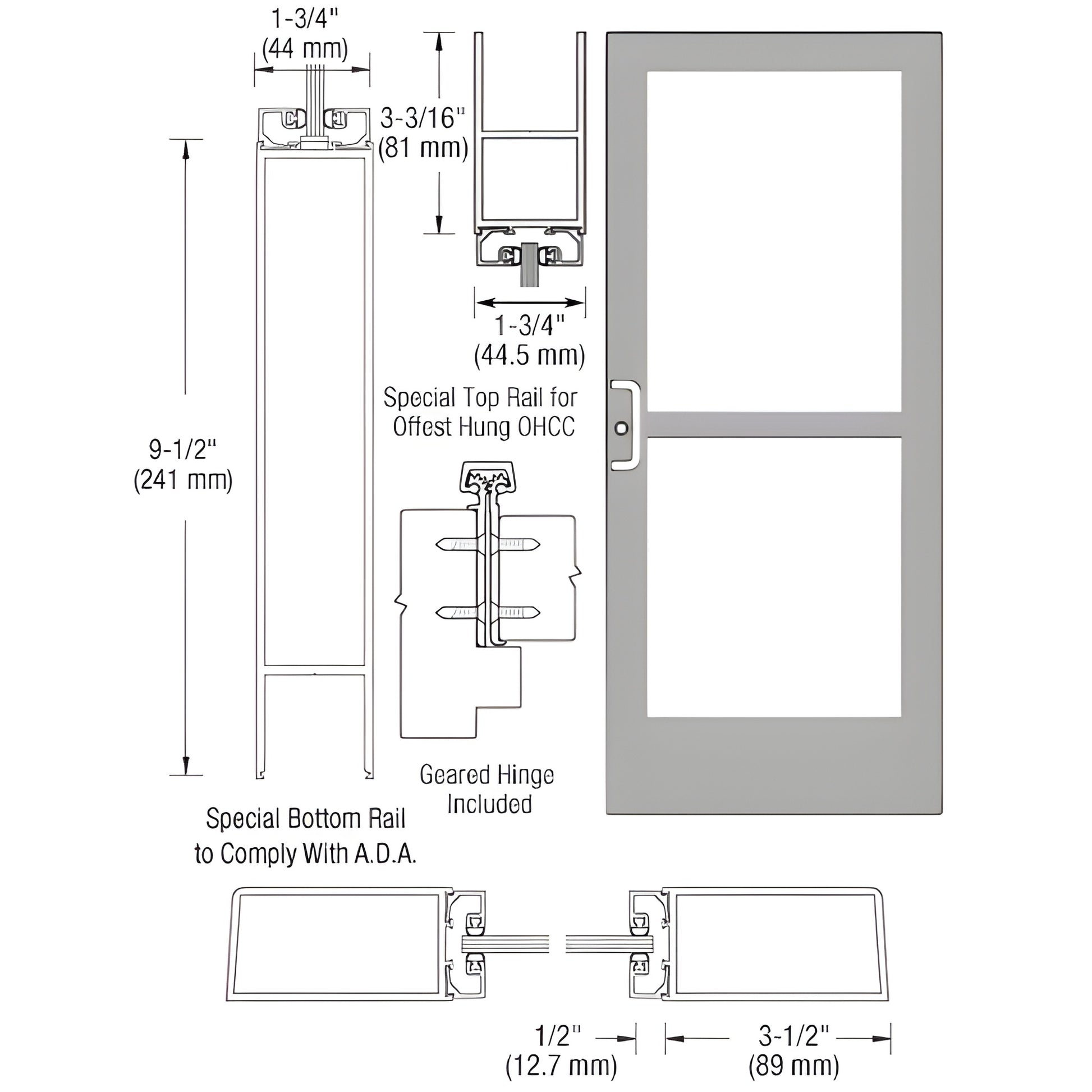 CZ41911L036105 clear anodized medium-stile commercial entrance door, 3.5 in stiles, ADA 9.5 in bottom rail, panic hardware in