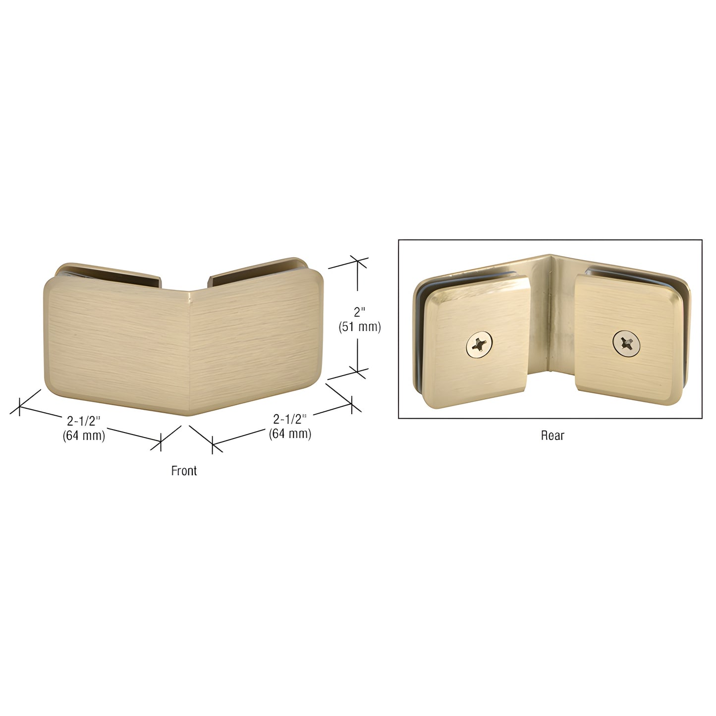 BGC135BBRZ beveled 135 brushed-bronze brass glass-to-glass clamp, 3/8-1/2 glass, front and rear views.