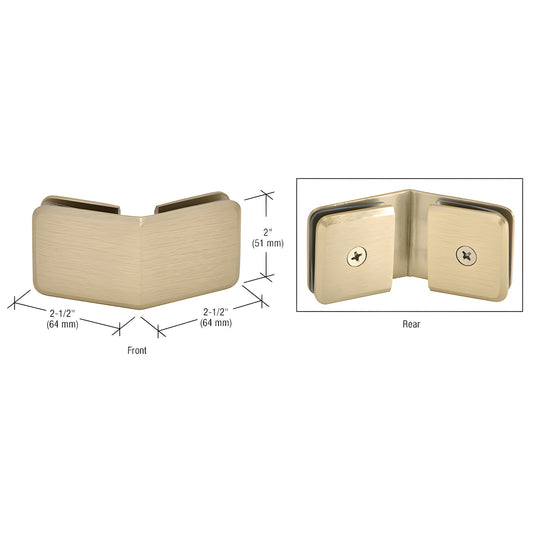 BGC135BBRZ beveled 135 brushed-bronze brass glass-to-glass clamp, 3/8-1/2 glass, front and rear views.