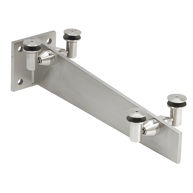 Stainless steel sloped wall mount glass awning bracket with four glass pins for 9/16" tempered laminated glass. SKU GABS24BS
