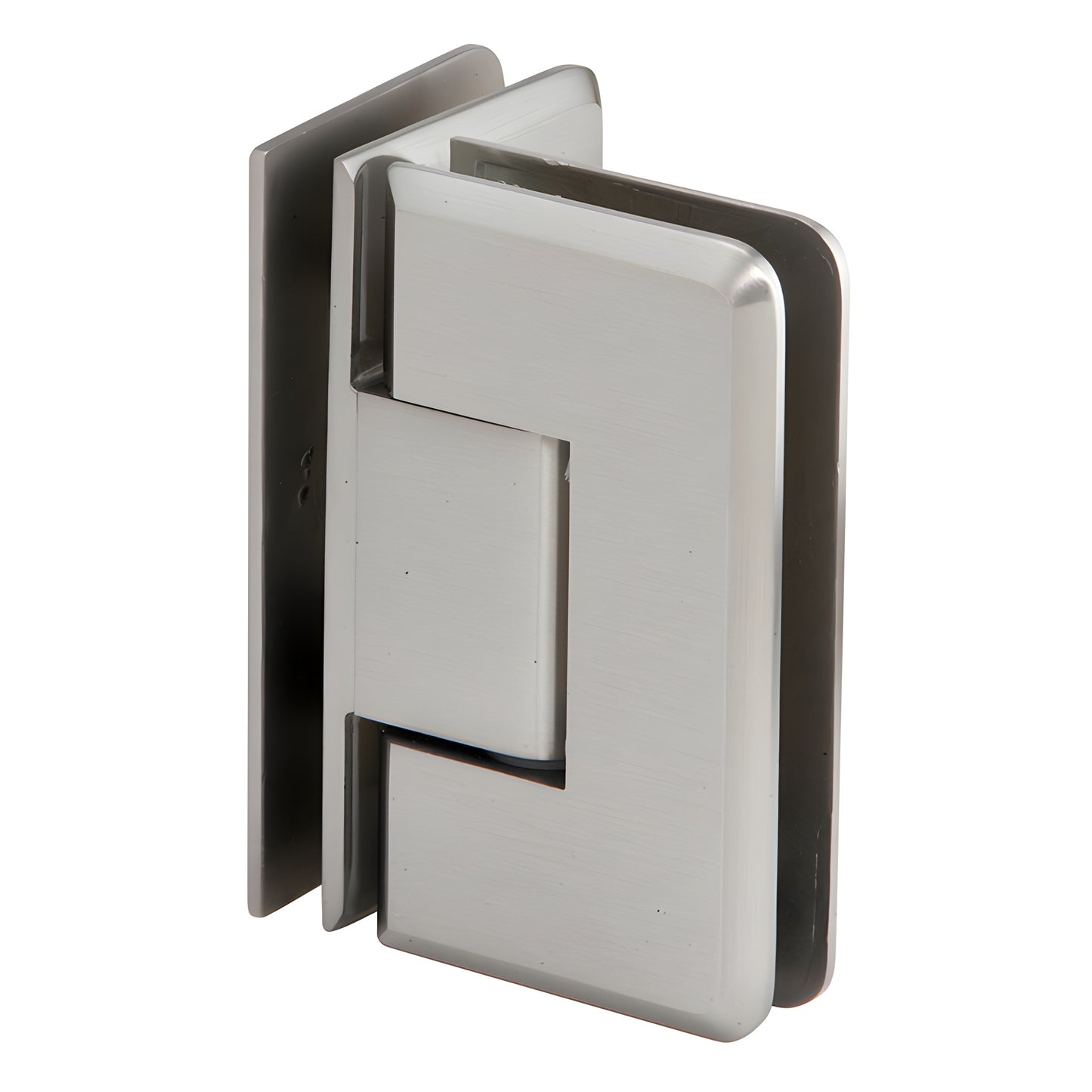 Brushed nickel beveled 90 glass-to-glass shower hinge, solid brass Cologne series (SKU C0L092BN)