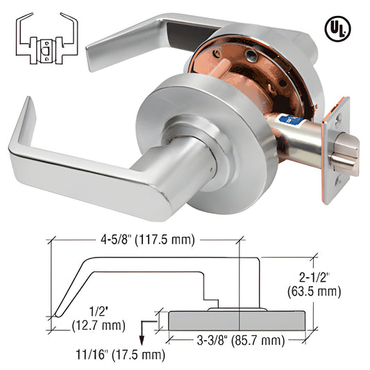 D20PASSBN brushed nickel commercial Grade 1 passage lever lockset, reversible, 3-hour UL fire-rated.