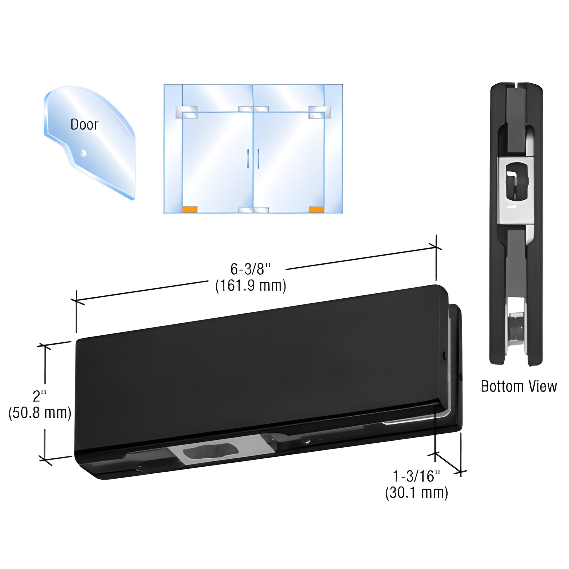 PH10CMBL matte black CRL bottom patch fitting for 3/8-1/2" tempered glass gates, 6-3/8" x 2" profile.