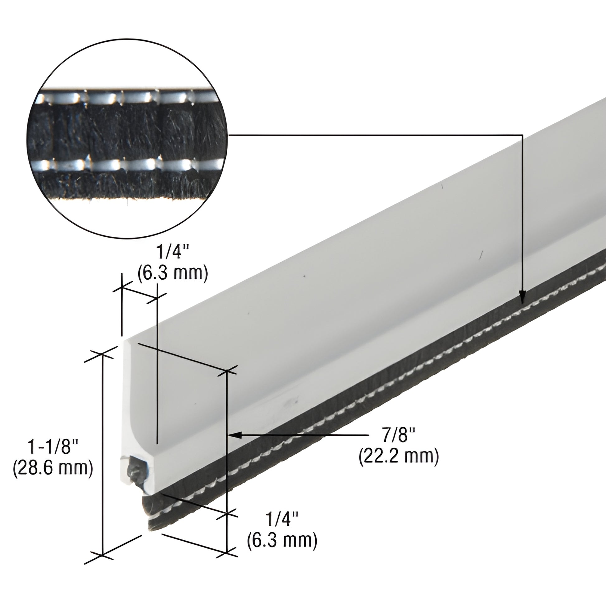 Clear anodized aluminum door sweep (SKU BW53611) with black brush seal, low-profile 1-1/8" H x 7/8" D.