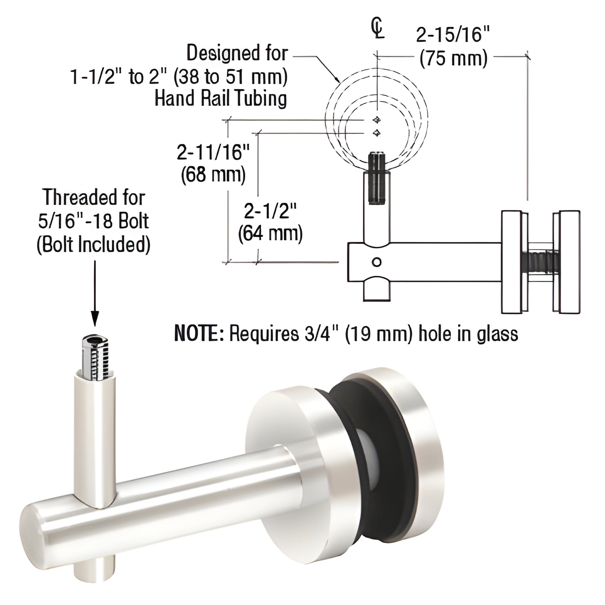 HR2FGPS polished stainless glass-mounted 2-way handrail bracket; fits 11 2-2 rail, 1/2-11 8 glass; requires 3/4 hole.