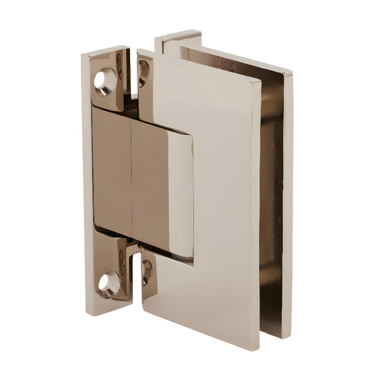 Polished nickel H-shaped Geneva wall-mount hinge for frameless glass doors, square profile (SKU GENH037PN)