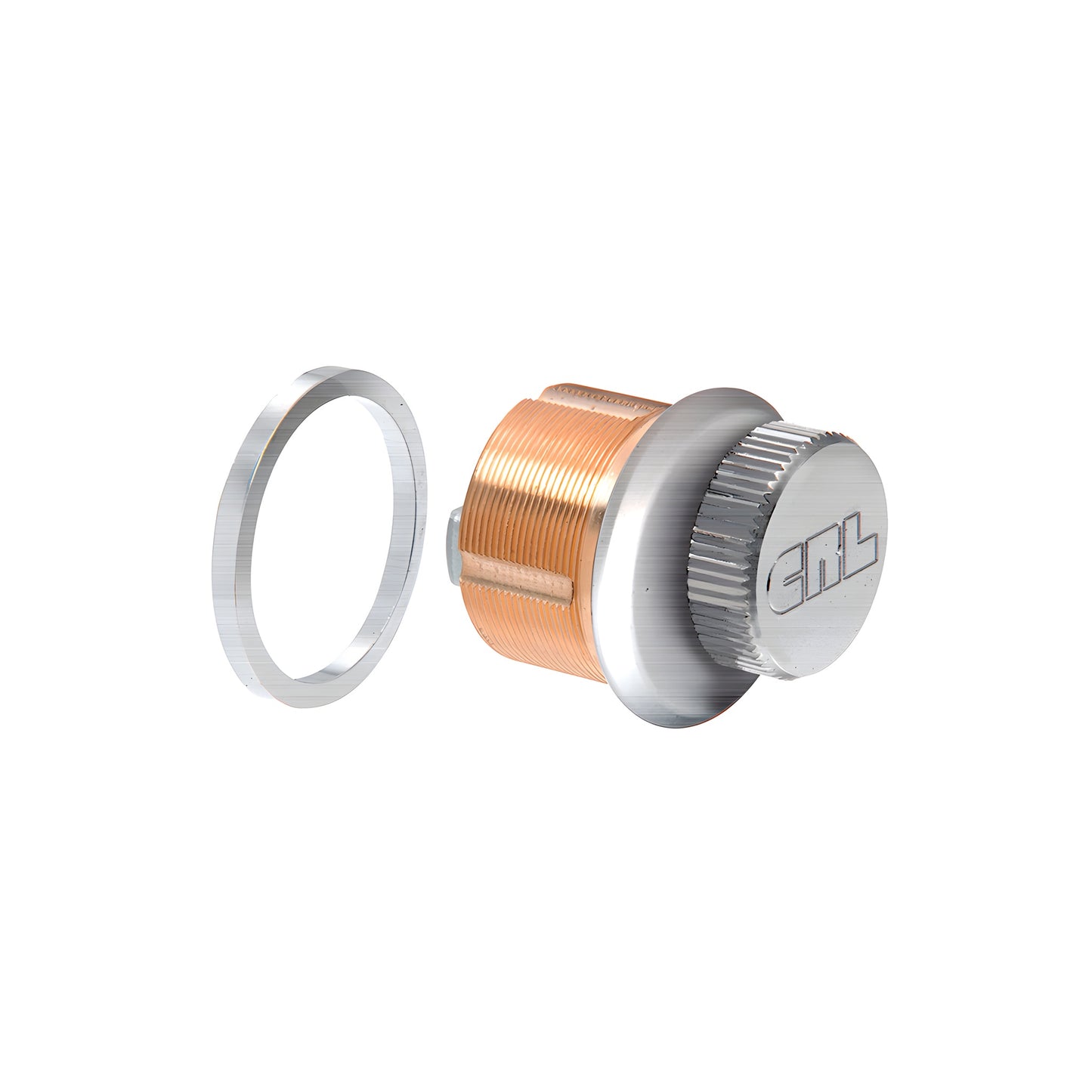 DRA22BS low-profile mortise thumbturn cylinder, brass body with brushed stainless steel face and retaining ring.