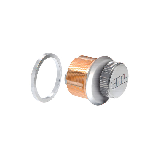 DRA22BS low-profile mortise thumbturn cylinder, brass body with brushed stainless steel face and retaining ring.