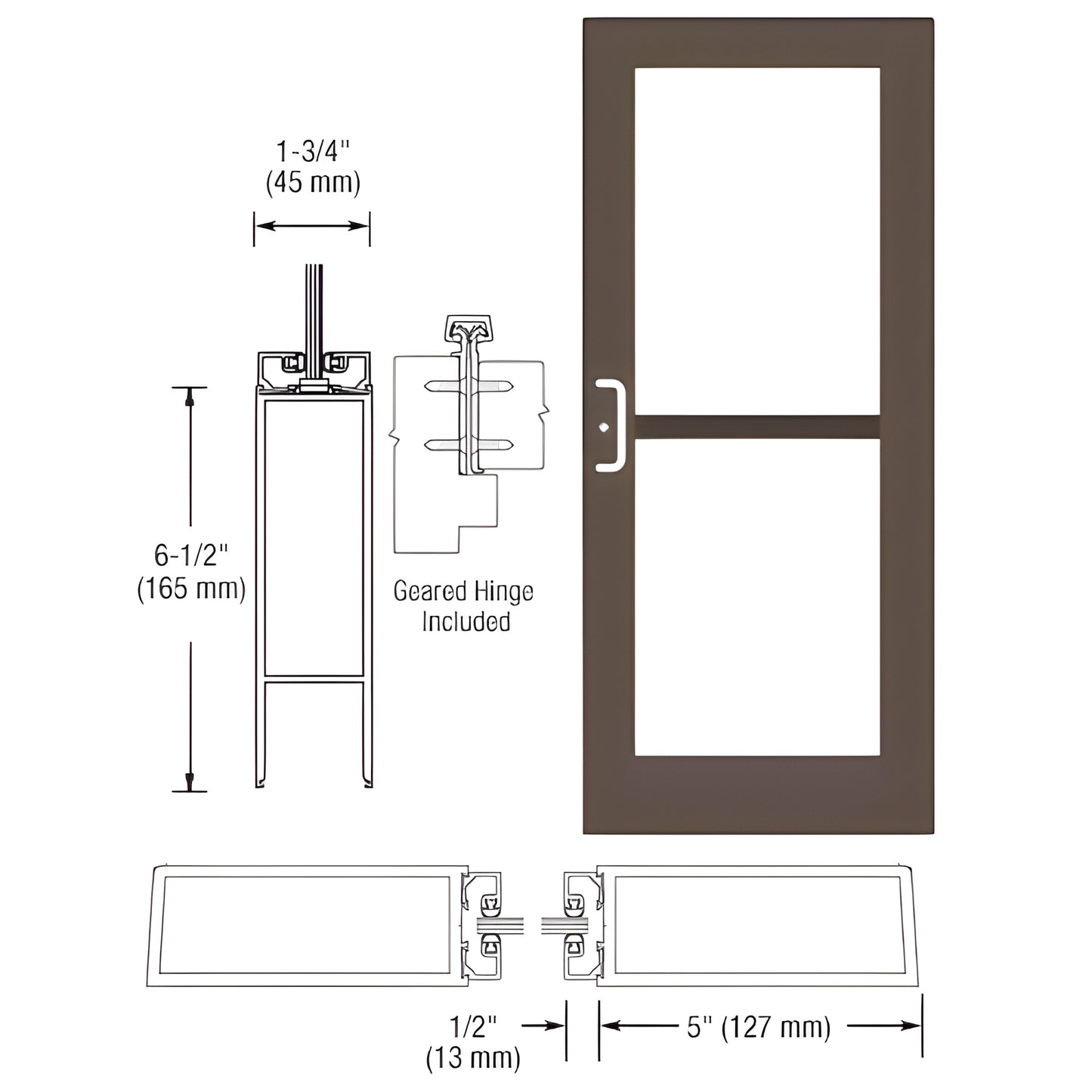 DZ51822 black bronze anodized wide-stile commercial entrance door with 5" stiles, 6-1/2" bottom rail and glass panels