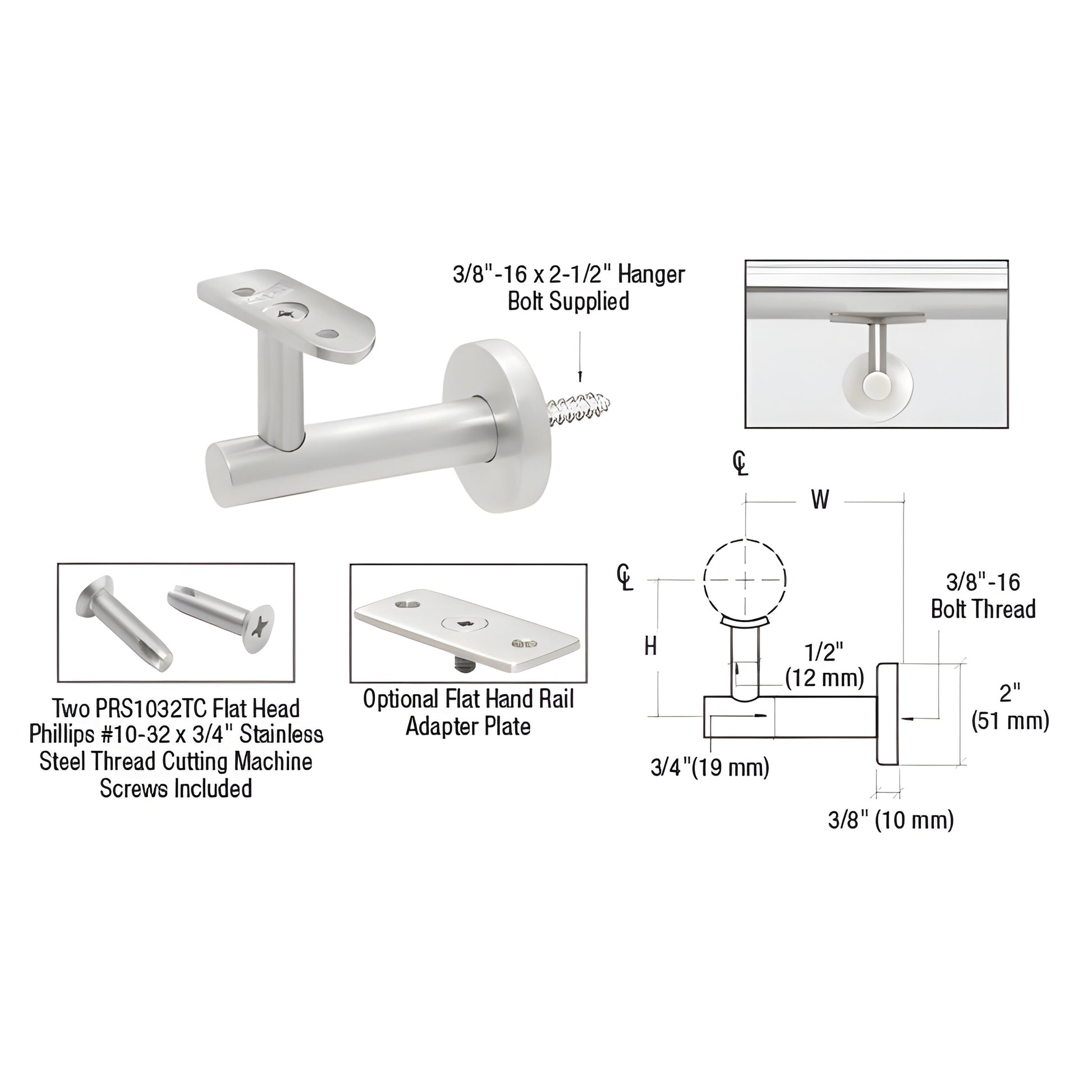 CRL Malibu HR2EWBS brushed 316 stainless wall-mounted handrail bracket, fits 1-1/2 to 2 in tubing, 2 in projection.