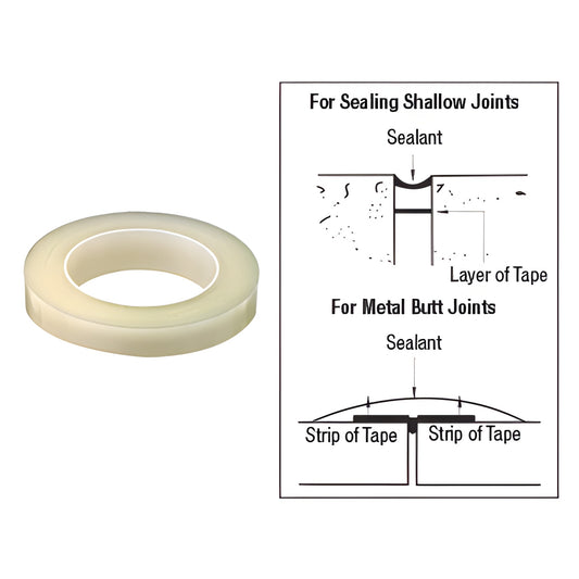 Clear CRL Bond Breaker Tape roll (SKU 827T38) beside diagram showing use in shallow joints and metal butt joints.