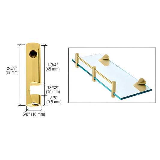 Polished brass shelf rod support (SKU RDB1BR) for 6-10mm tempered glass with clamp supports, left-hand.