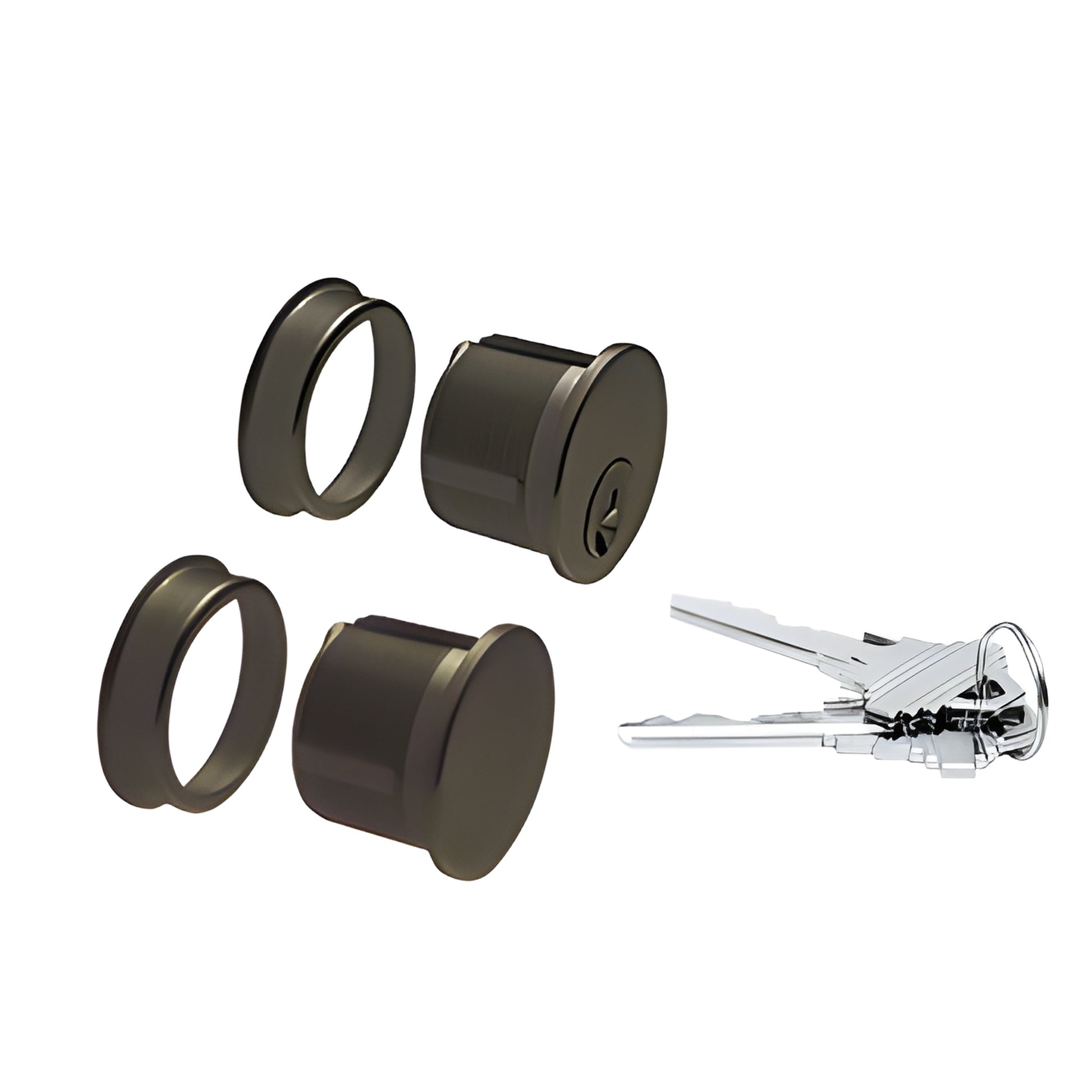 DRA1030DU dark bronze mortise keyed cylinder set with trim rings and two keys, brass 1-5/32 in diameter.