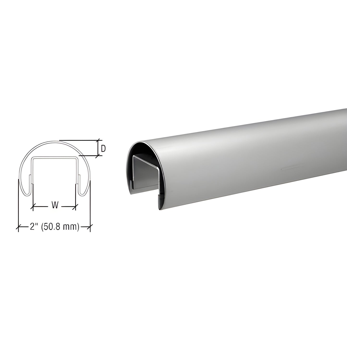LR20BS brushed stainless cap rail for laminated glass, 118-1/8 in (3m), 2 in profile with rubber insert