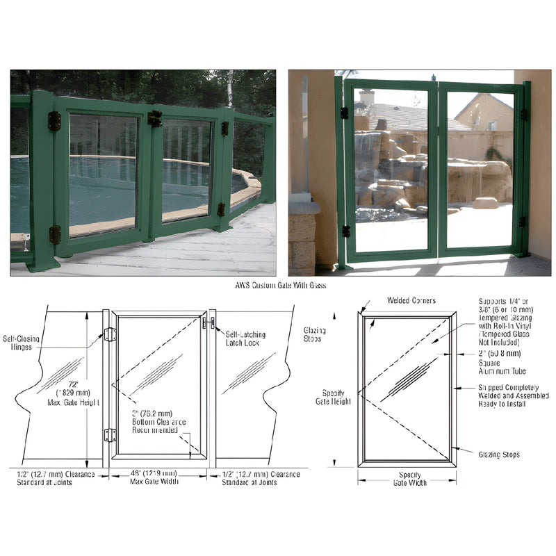 Aluminum PGAWS1C pool gate with glass panels, green frame, self-closing hinges, fits 1/4 -3/8 glass, max 72 48 in.