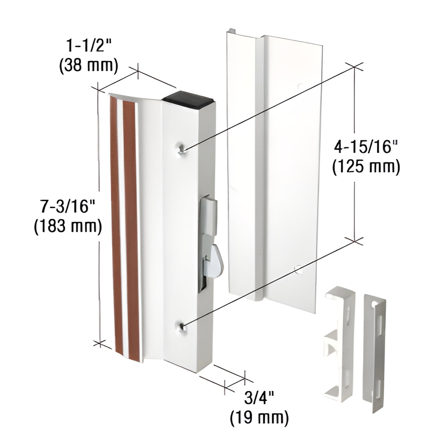 Aluminum CRL sliding patio door handle set C1000, 7-3/16 x 3/4, 1-1/2" projection, includes keeper and hardware.