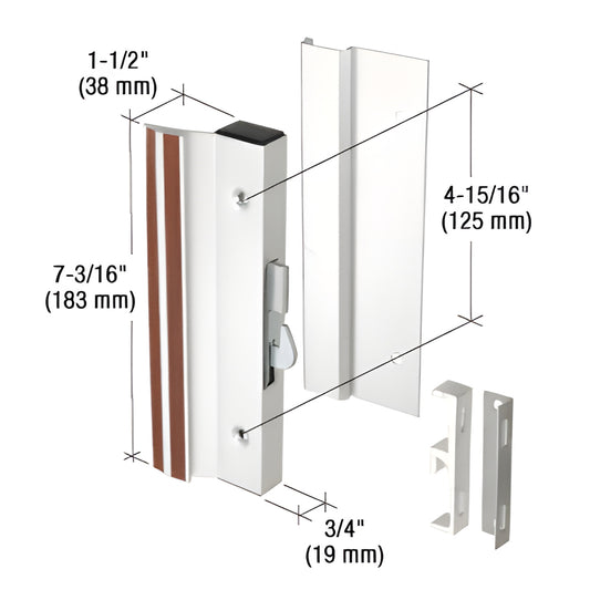 Aluminum CRL sliding patio door handle set C1000, 7-3/16 x 3/4, 1-1/2" projection, includes keeper and hardware.