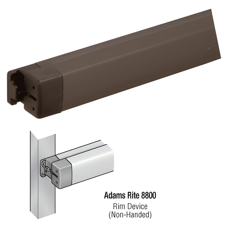 Dark bronze Adams Rite 8800 aluminum rim exit device panic bar, non-handed for narrow-stile doors. SKU DH8802242