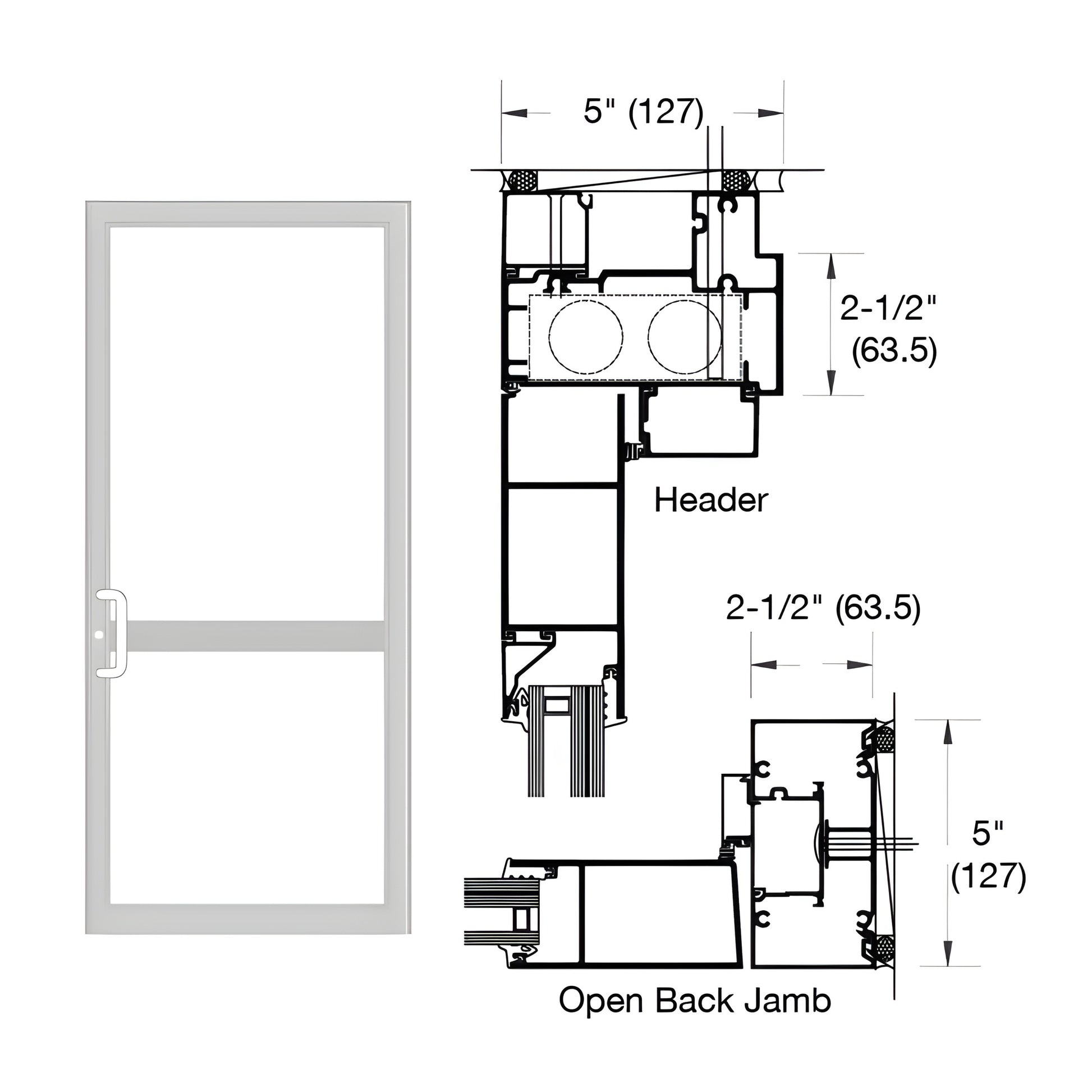 Custom Up/Over hurricane impact door frame (SKU 0P71911), Clear Anodized Class 1, 2-1/2" x 5", open-back jamb and header deta