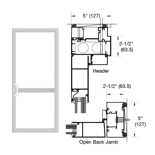 Custom Up/Over hurricane impact door frame (SKU 0P71911), Clear Anodized Class 1, 2-1/2" x 5", open-back jamb and header deta