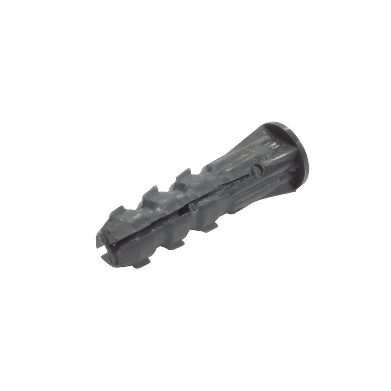 Gray plastic screw anchor (SKU P1329C), ribbed shoulder style for concrete/brick/drywall, fits 3/16" drill hole.