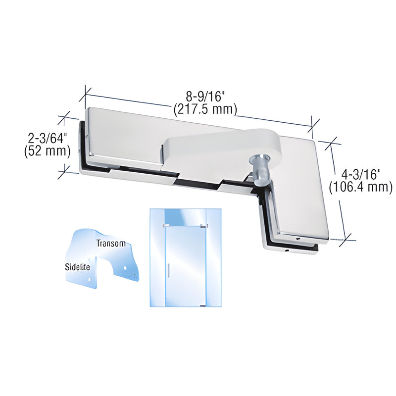 Polished stainless steel CRL sidelite transom offset patch fitting for 3/8-1/2 glass, left-hand, dimensions shown