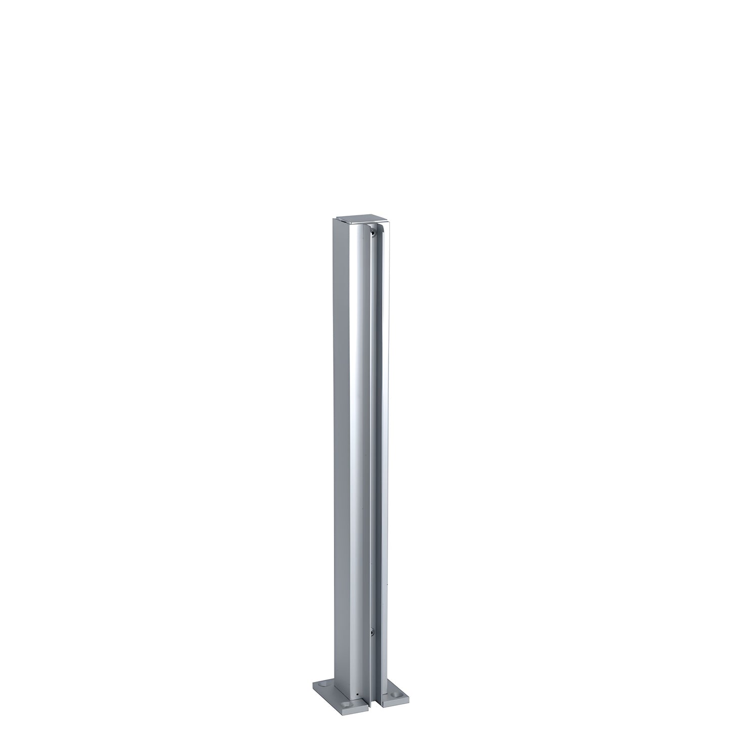 Satin anodized aluminum 1-1/8" square end partition post with full-length U-channel for 1/4" glass, includes cap & base.
