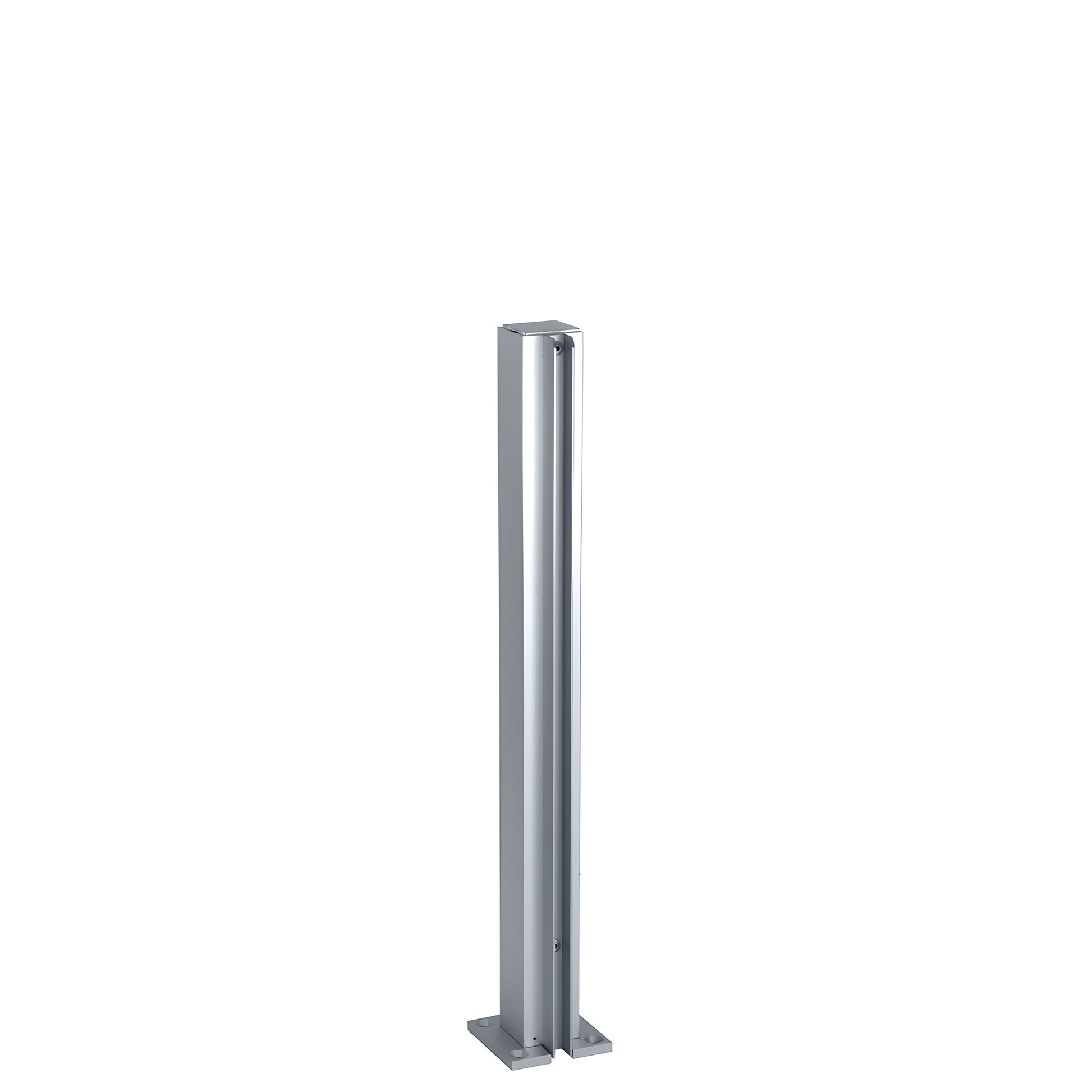Satin anodized aluminum 1-1/8" square end partition post with full-length U-channel for 1/4" glass, includes cap & base.