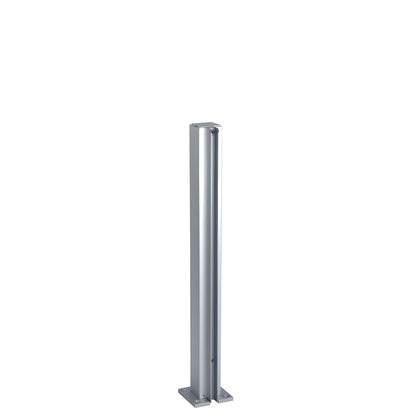 Satin anodized aluminum 1-1/8" square end partition post with full-length U-channel for 1/4" glass, includes cap & base.