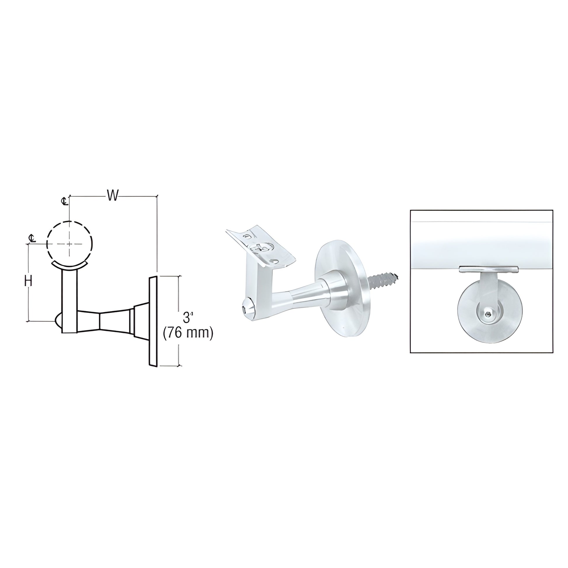 HR2SWSA satin anodized aluminum 2-way adjustable wall handrail bracket, 3 in projection, fits 1.5-2 in tubing.