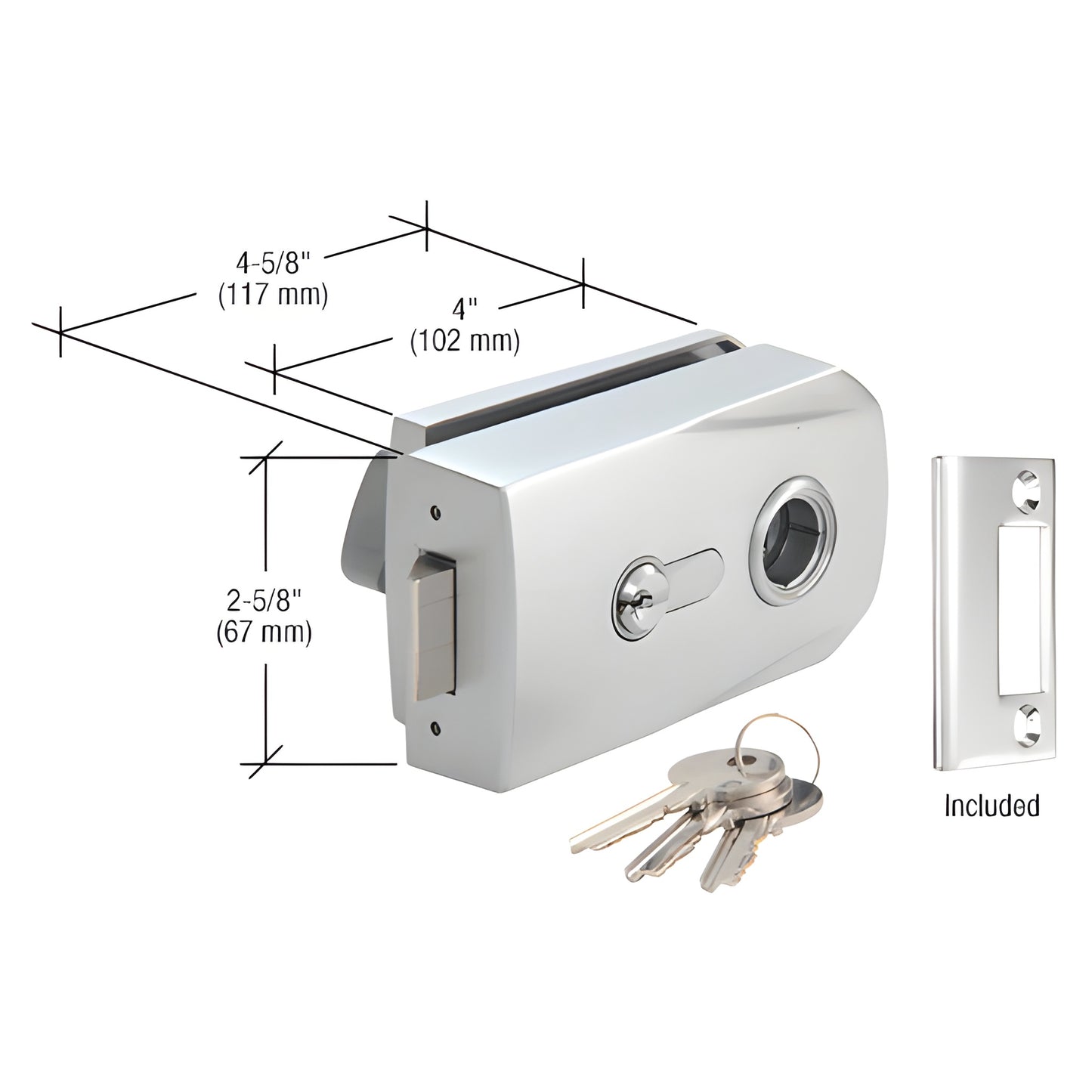 Clear anodized CRL PTH310A slimline glass-mounted latch with keys and strike plate; fits 3/8" or 1/2" glass.