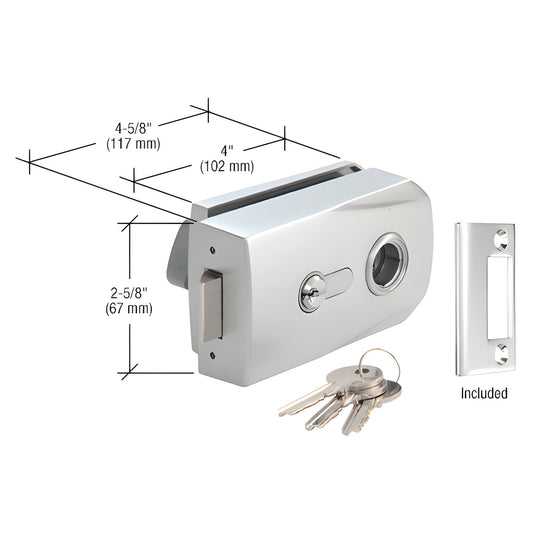 Clear anodized CRL PTH310A slimline glass-mounted latch with keys and strike plate; fits 3/8" or 1/2" glass.