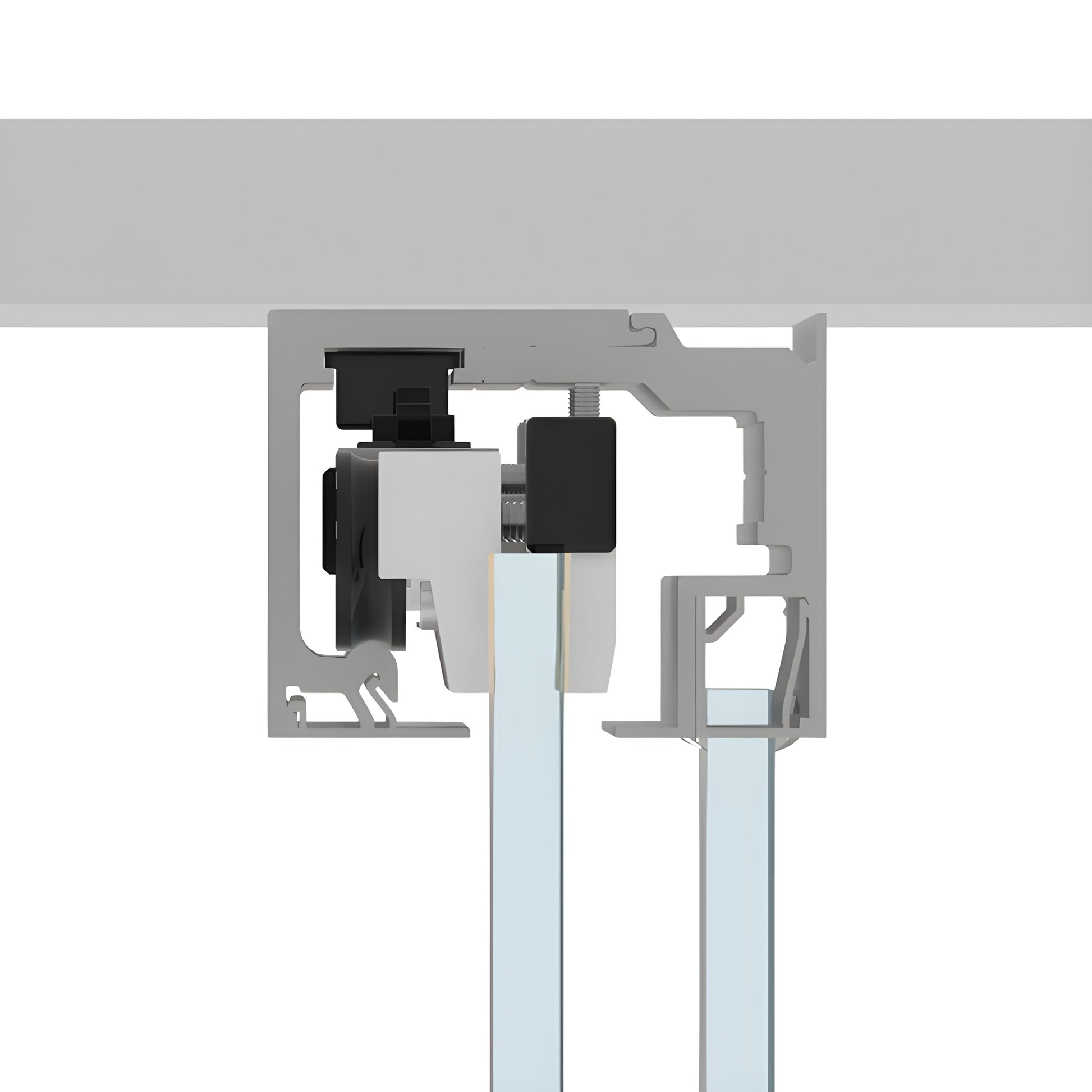 Satin anodized CRL6951 sliding door track and top hangers with tempered glass panel, 118 in kit
