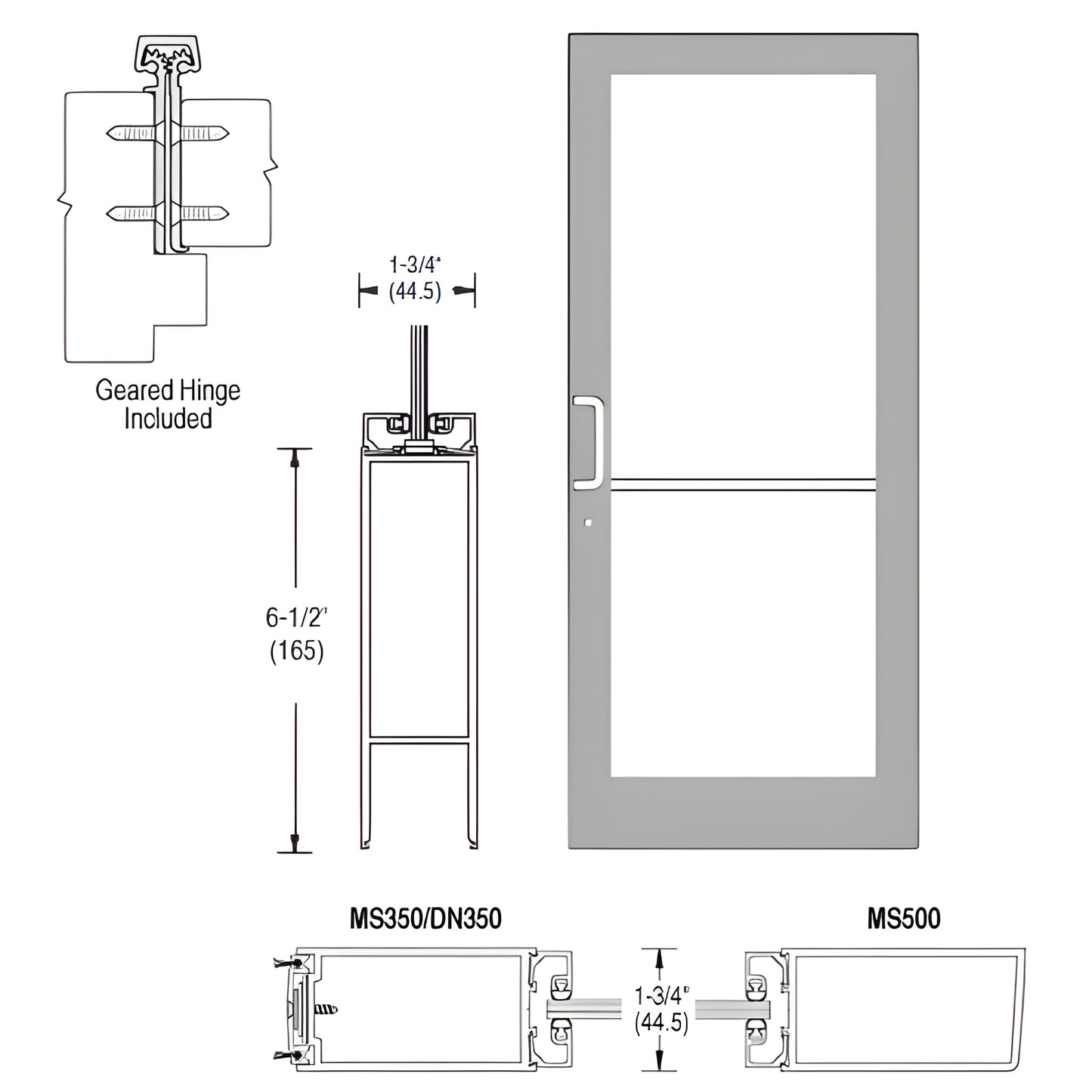 Commercial 36x84 in clear anodized aluminum storefront door (SKU DC42811LA36) with medium stile, glass-ready, geared hinge