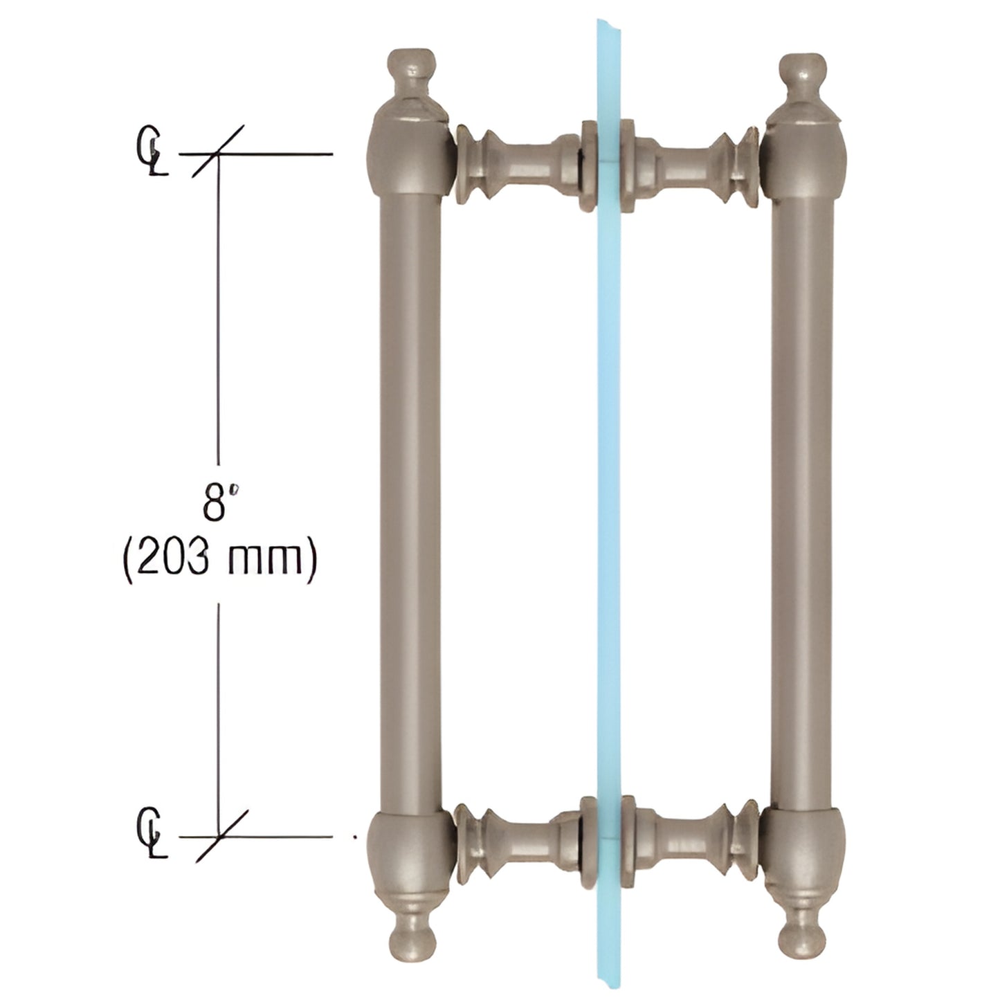 Brushed nickel Colonial back-to-back brass pull handle for frameless glass doors, 8" center-to-center, fits 1/4-1/2" glass