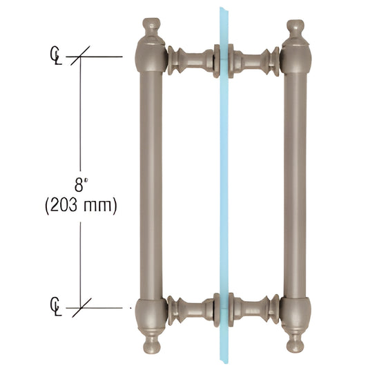 Brushed nickel Colonial back-to-back brass pull handle for frameless glass doors, 8" center-to-center, fits 1/4-1/2" glass