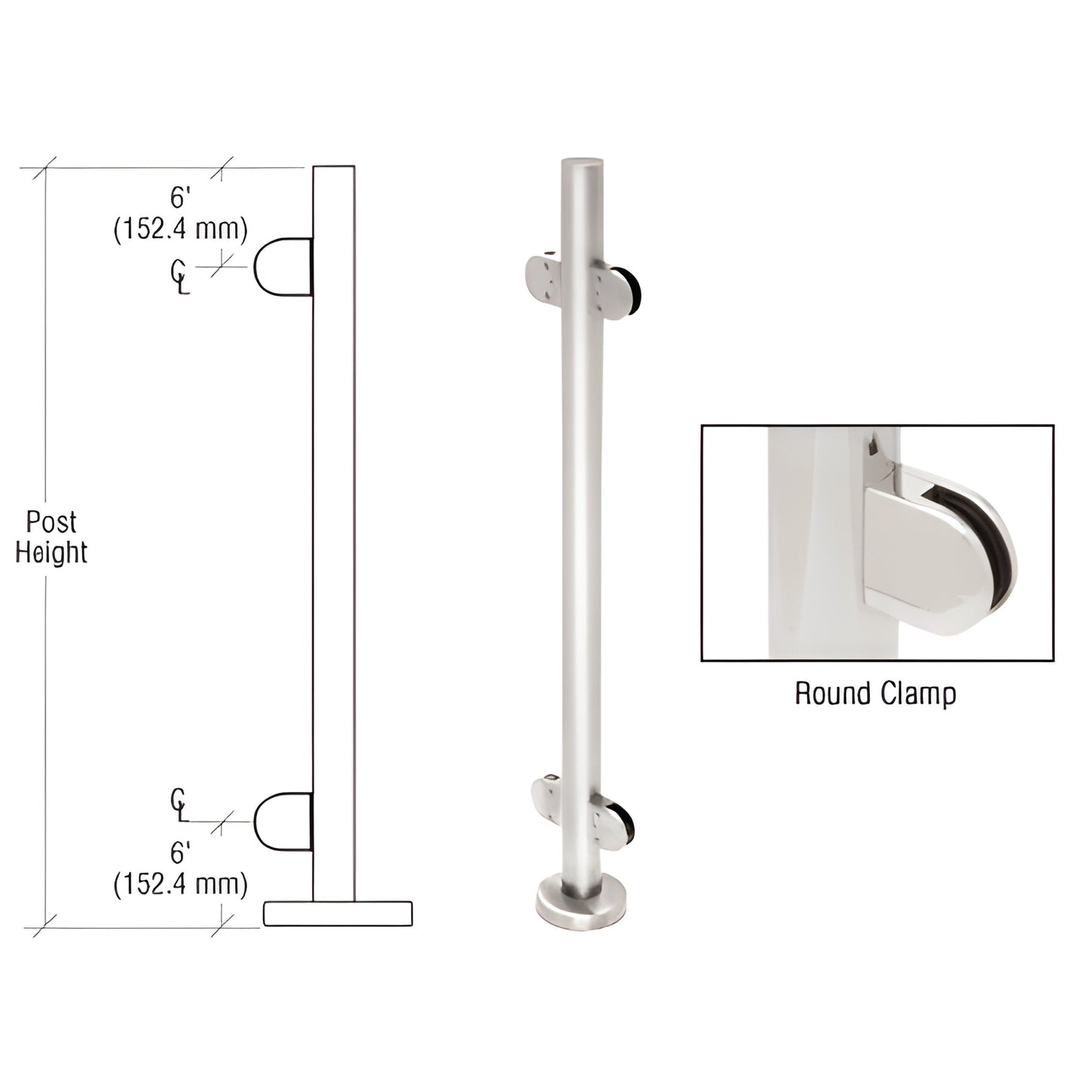 PR42CPS: polished stainless 1.9" round glass clamp post kit with base plate and Z series round clamps for 1/2" tempered glass