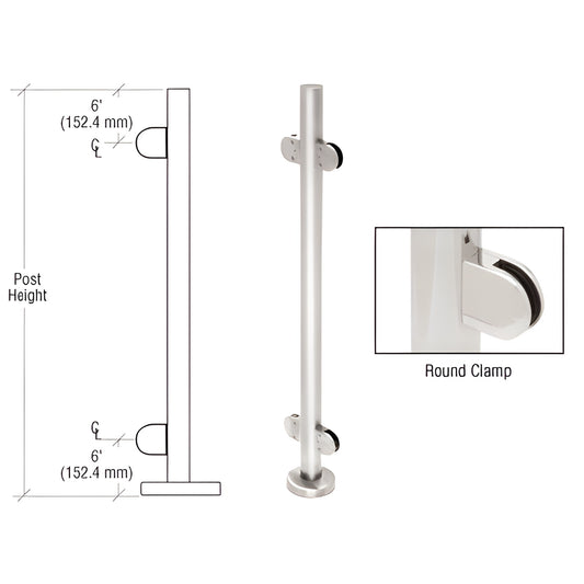 PR42CPS: polished stainless 1.9" round glass clamp post kit with base plate and Z series round clamps for 1/2" tempered glass